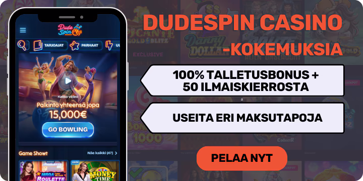 DudeSpin casinolta 100% talletusbonus ja 50 ilmaiskierrosta, käytössä monia maksutapoja.