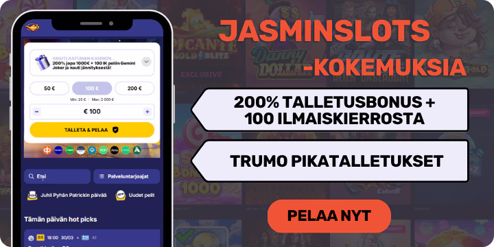 JasminSlots Casinolta 200% talletusbonus ja 100 ilmaiskierrosta, Trumo pikatalletukset.