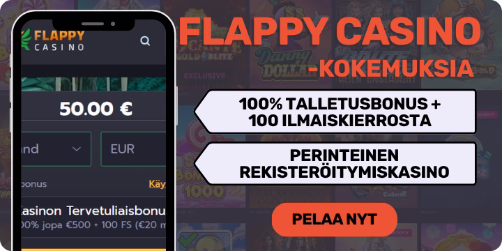 Flappy Casino kokemuksia saa helposti 100% tervetulobonuksella.