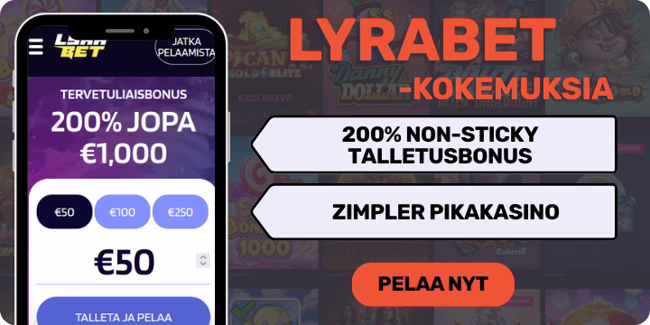 LyraBet kasinolta otat 200% non-sticky bonuksen ja teet talletuksia Zimplerillä.