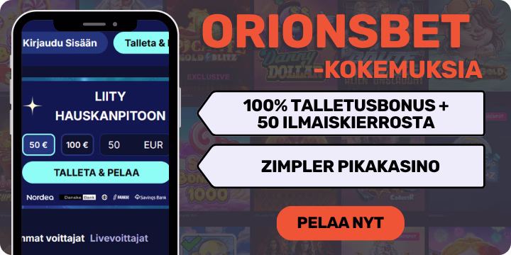 OrionsBet tervetulobonus on 100% talletusbonus + 50 ilmaiskierrosta.