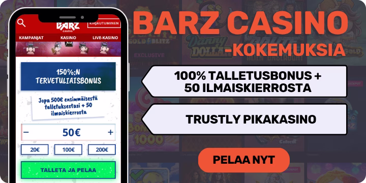 Barz Casino kokemuksia 100% tallletusbonuksella sekä ilmaiskierroksilla.