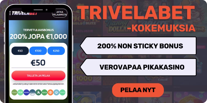 TrivelaBet kokmuksia verovapaasti isolla non sticky tervetulobonuksella.