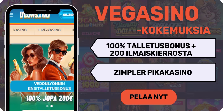 Vegasino kokemuksia 100% talletusbonuksella.